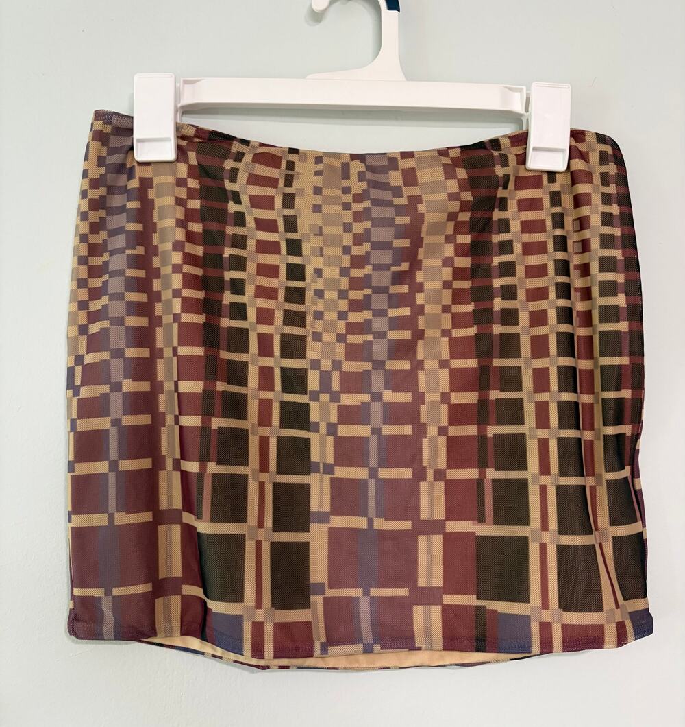 Tiger Mist Geometric Mesh Mini Skirt Brown Plaid Size Large Y2K